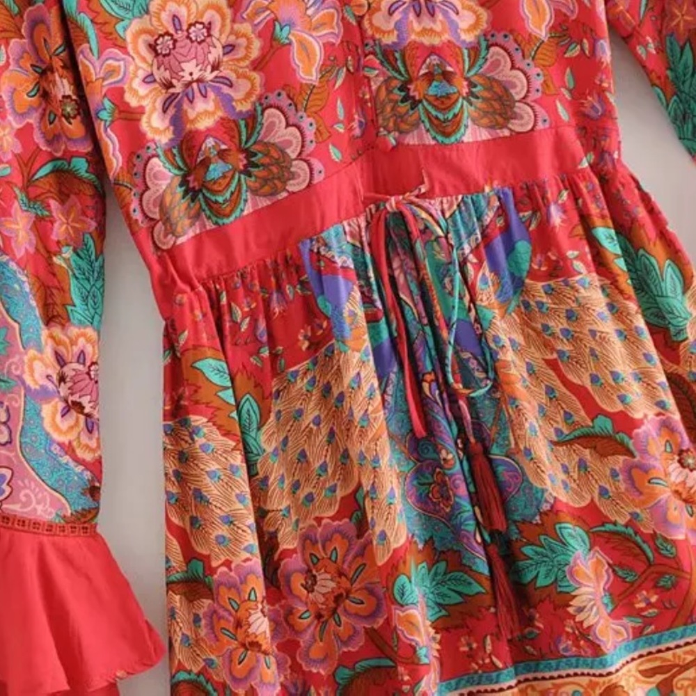 Boho 60’s Floral Gypsy Print Ruffle Dress Red - Picture 4 of 5